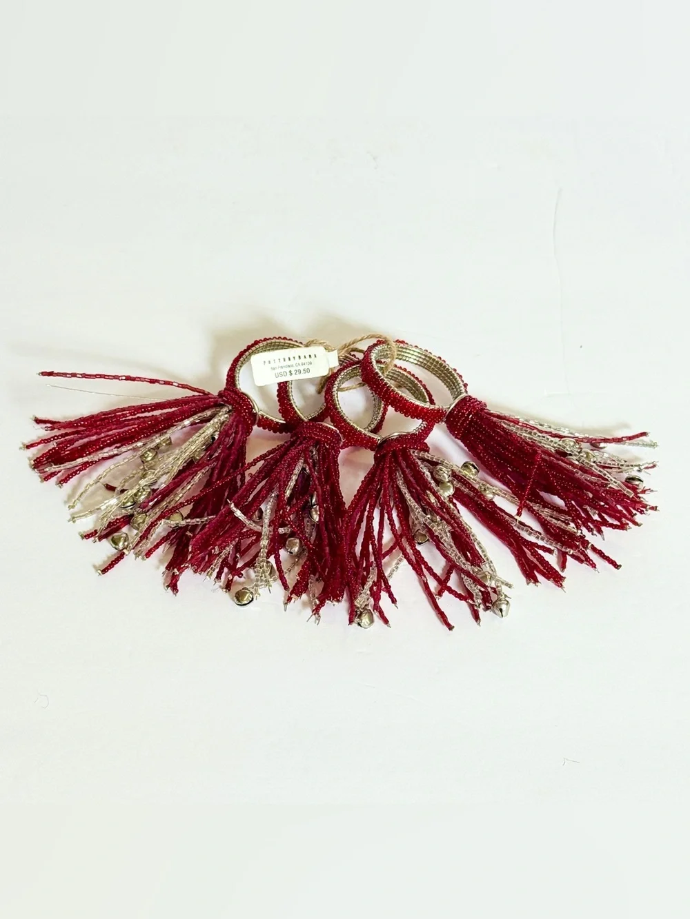 NWT Pottery Barn Red & Silver Beaded Jingle Bell Tassel Napkin Rings Set of 4
